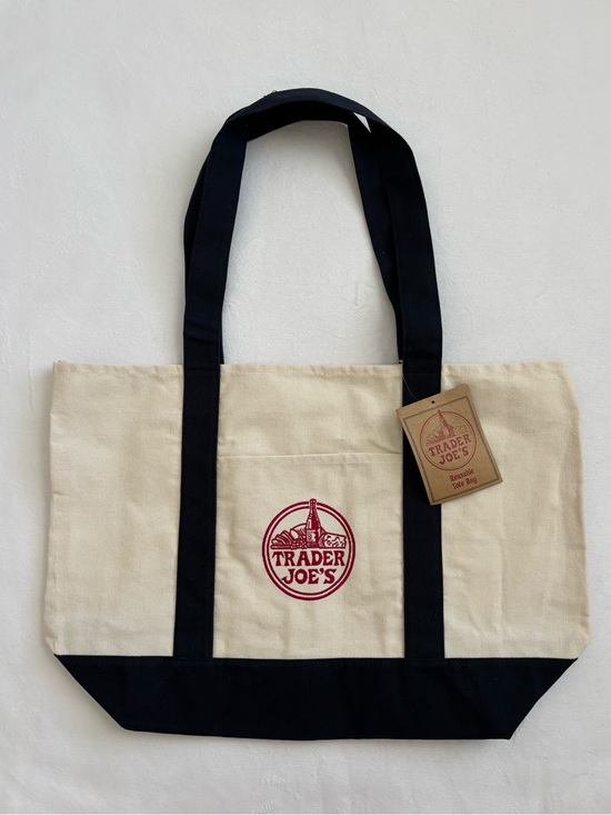Trader Joe'S Handbags - Trader Joe’s Large Canvas Tote Bag Cream and Navy Blue NWT